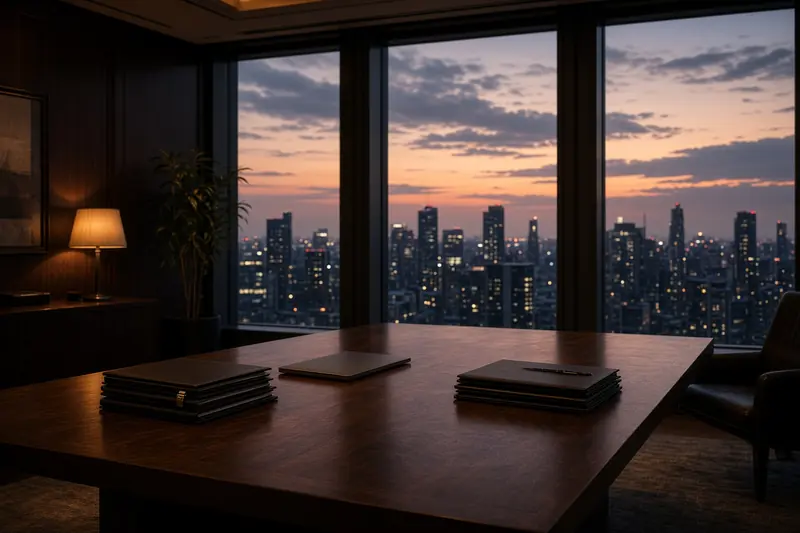 Boardroom overlooking the city at dusk