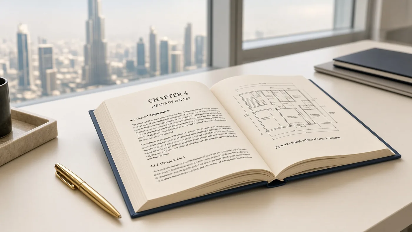 UAE Fire and Life Safety Code of Practice on the desk