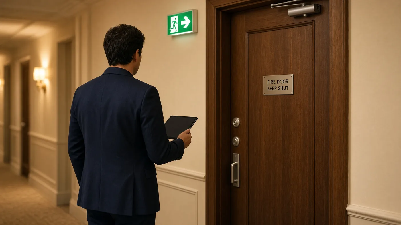 Fire door inspection in a hotel corridor