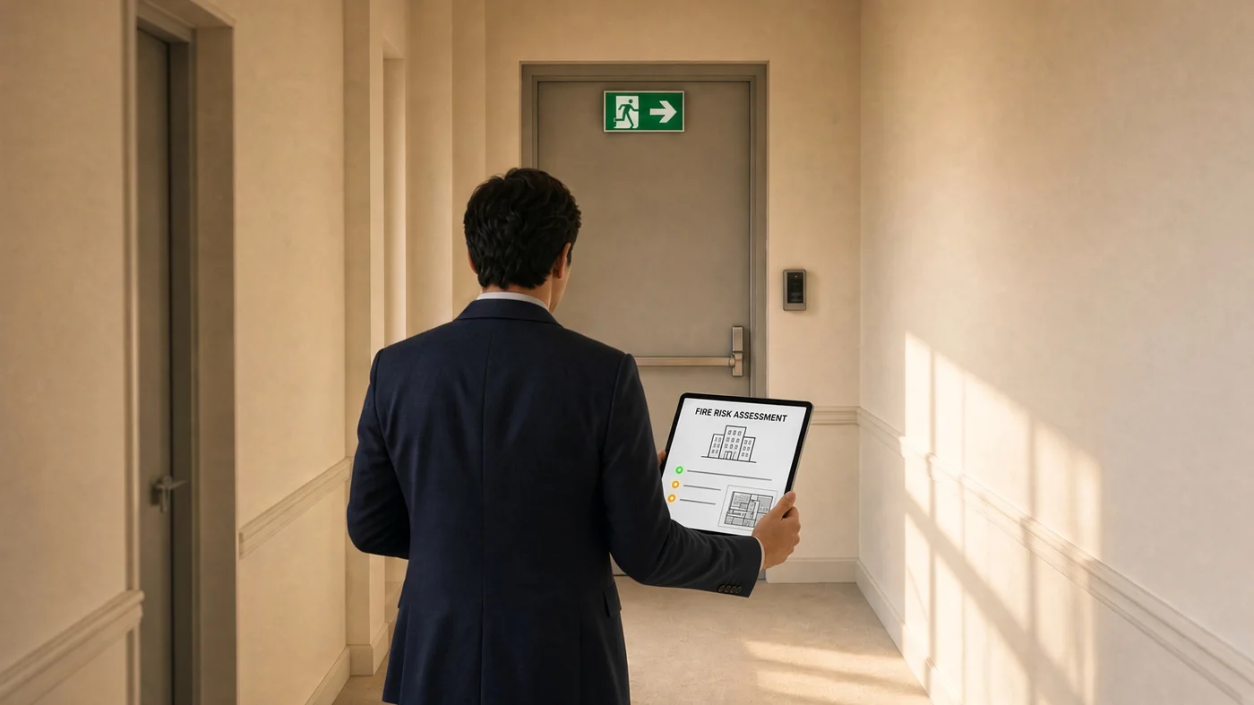 Fire risk assessment report on a tablet at a fire exit