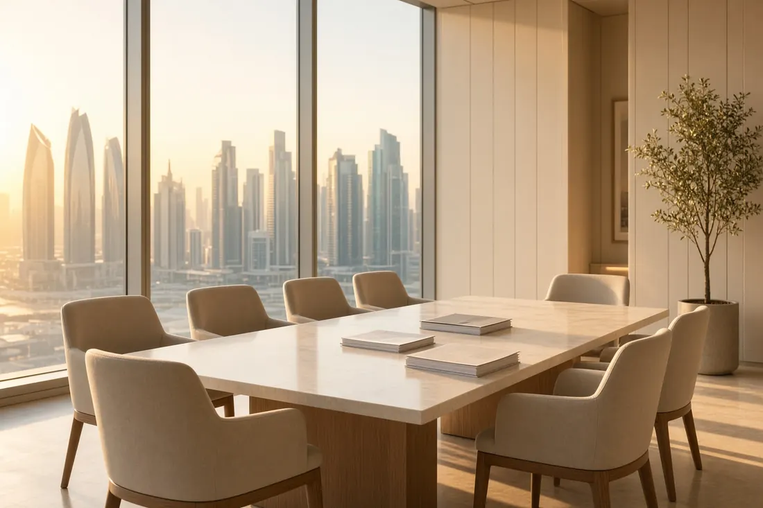 Boardroom overlooking the city — the table where fire-safety decisions are signed